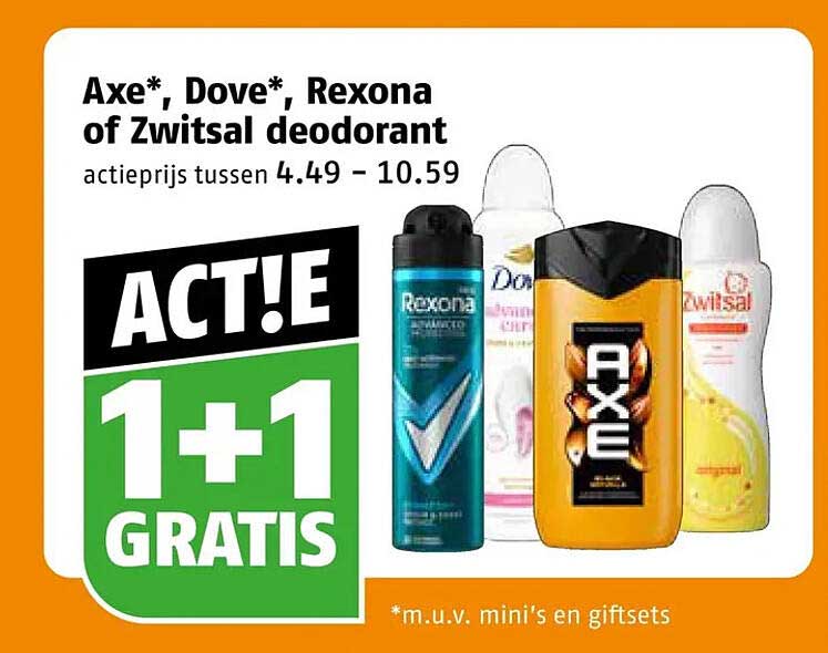 Axe*, Dove*, Rexona of Zwitsal deodorant ACT!E 1+1 GRATIS