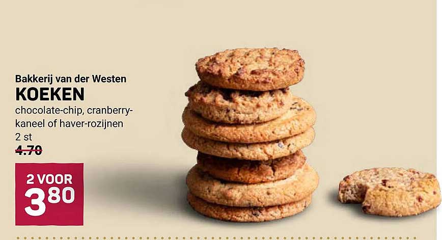 Bakkerij van der Westen KOEKEN chocolate-chip, cranberry-kaneel of haver-rozijnen 2 st