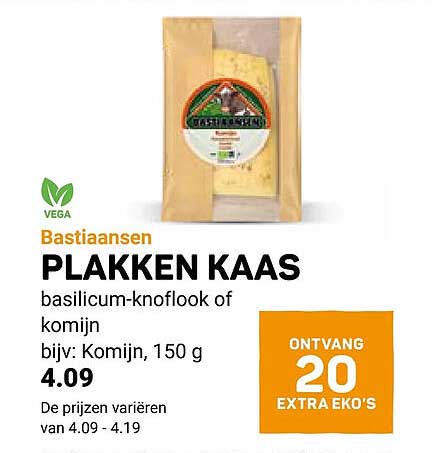 Bastiaansen PLAKKEN KAAS basilicum-knoflook of komijn bijv: Komijn, 150 g ONTVANG 20 EXTRA EKO'S