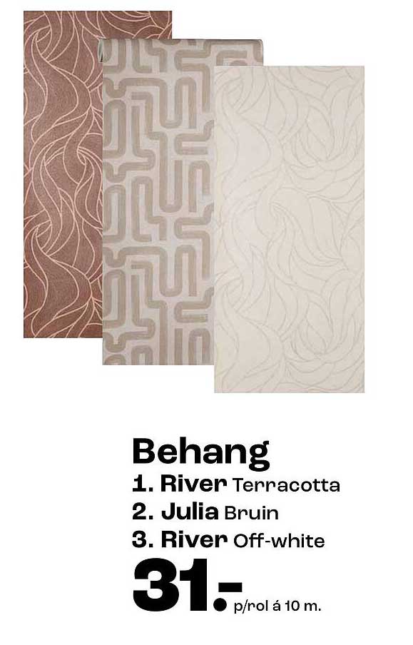 Behang 1. River Terracotta 2. Julia Bruin 3. River Off-white