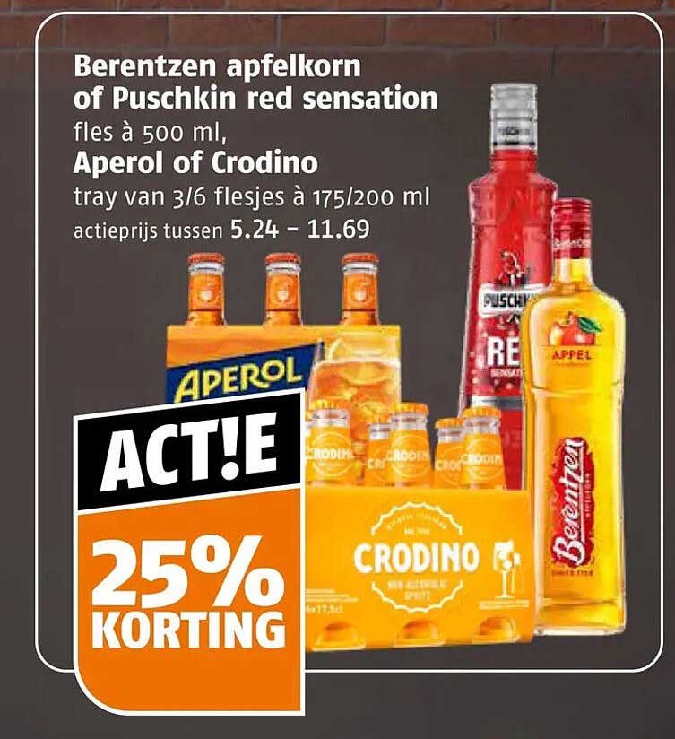 Berentzen appelkorn of Puschkin red sensation fles à 500 ml, Aperol of Crodino tray van 3/6 flesjes à 175/200 ml ACT!E 25% KORTING