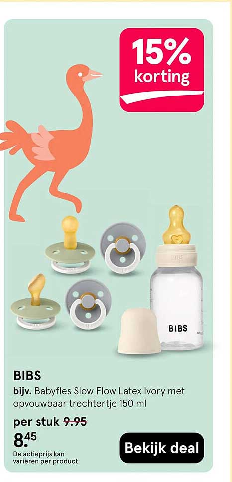 BIBS bijv. Babyfles Slow Flow Latex Ivory met opvouwbaar trechtertje 150 ml 15% korting