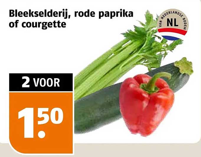 Bleekselderij, rode paprika of courgette 2 voor 1.50