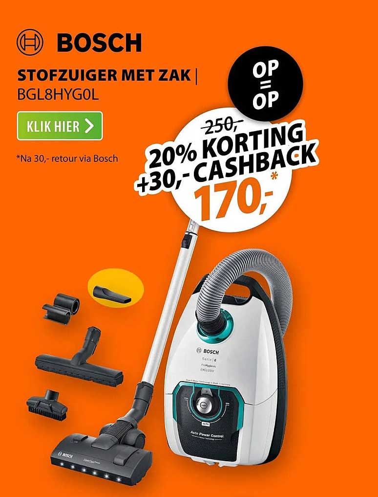 BOSCH STOFZUIGER MET ZAK BGL8HYGOL OP = OP 20% KORTING +30,- CASHBACK