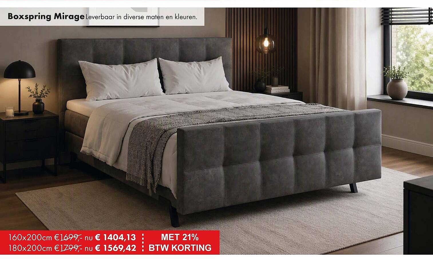 Boxspring Mirage Leverbaar in diverse maten en kleuren. MET 21% BTW KORTING