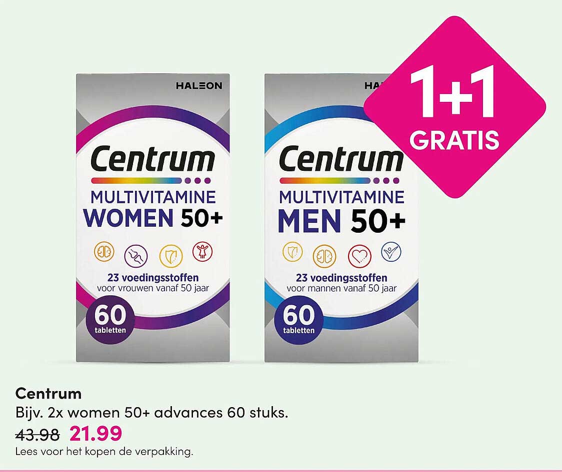 Centrum Bijv. 2x women 50+ advanges 60 stuks. 1+1 GRATIS