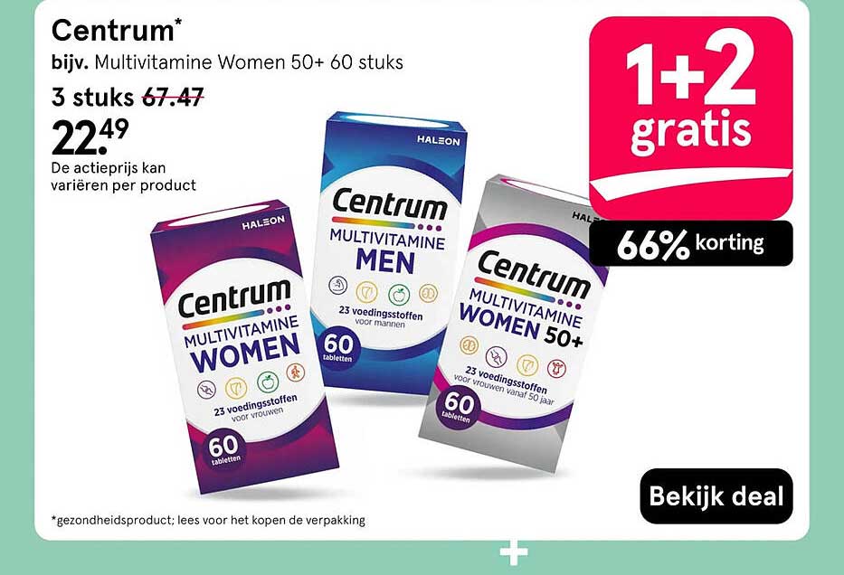 Centrum* bijv. Multivitamine Women 50+ 60 stuks 1+2 gratis