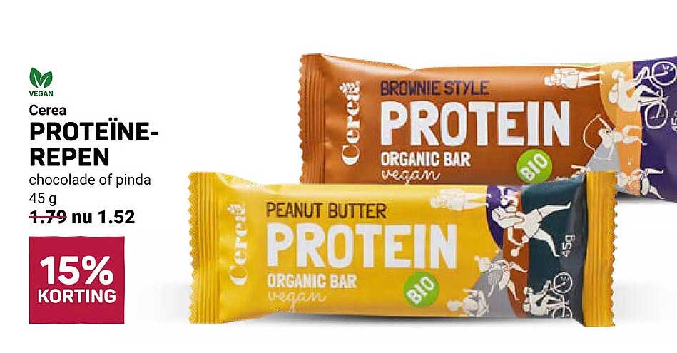 Cerea PROTEÏNE-REPEN chocolade of pinda 45 g 15% KORTING