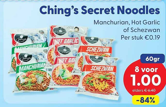 Ching’s Secret Noodles Manchurian, Hot Garlic of Szechwan Per stuk €0.19 60gr 8 voor 1.00 -84%