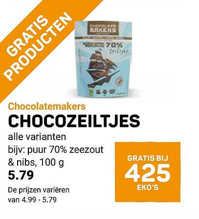 Chocolatemakers CHOCOZEILTJES alle varianten bijv: puur 70% zeezout & nibs, 100 g GRATIS PRODUCTEN GRATIS BIJ 425 EKO'S