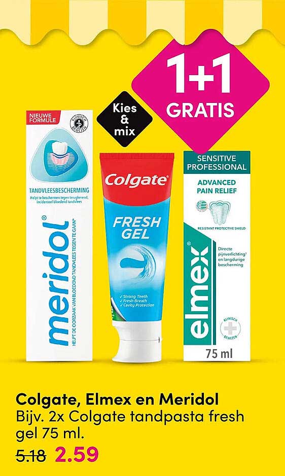 Colgate, Elmex en Meridol Bijv. 2x Colgate tandpasta fresh gel 75 ml. 1+1 GRATIS