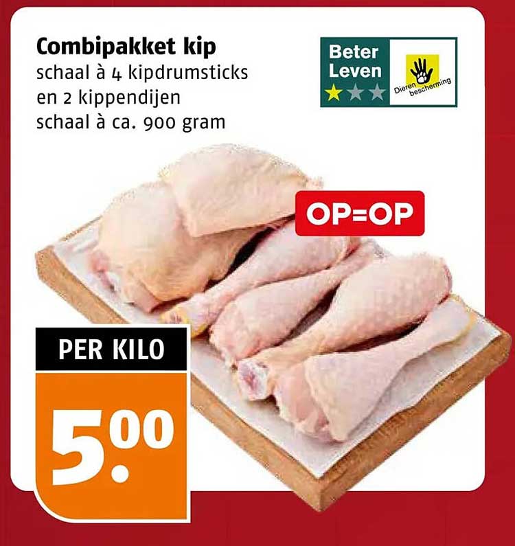 Combipakket kip schaal à 4 kipdrumsticks en 2 kippendijen schaal à ca. 900 gram OP=OP