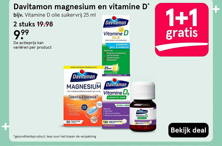 Davitamon magnesium en vitamine D* 1+1 gratis