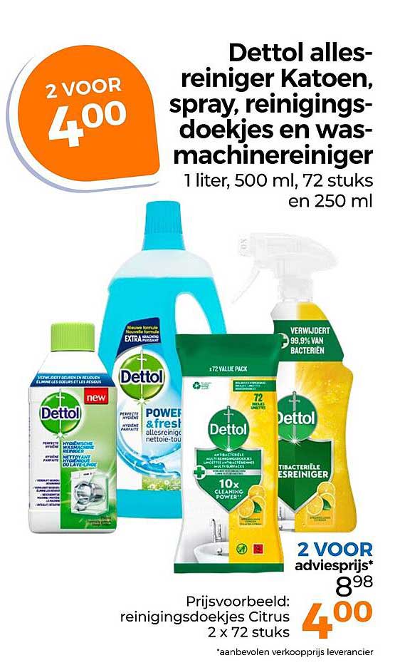 Dettol allesreiniger Katoen, spray, reinigingsdoekjes en wasmachinereiniger 2 voor 4,00