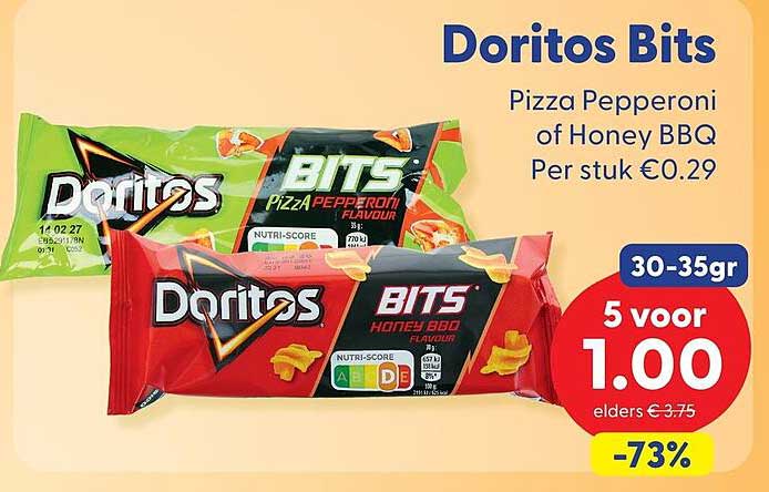 Doritos Bits Pizza Pepperoni of Honey BBQ Per stuk €0.29 5 voor 1.00 -73%