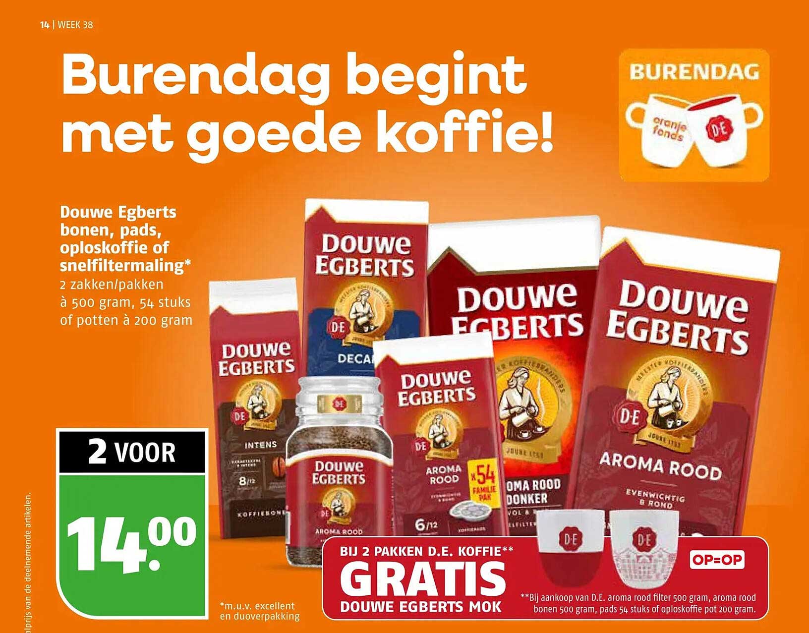 Douwe Egberts bonen, pads, oploskoffie of snelfiltermaling 2 zakken/pakken à 500 gram, 54 stuks of potten à 200 gram 2 voor GRATIS Douwe Egberts mok