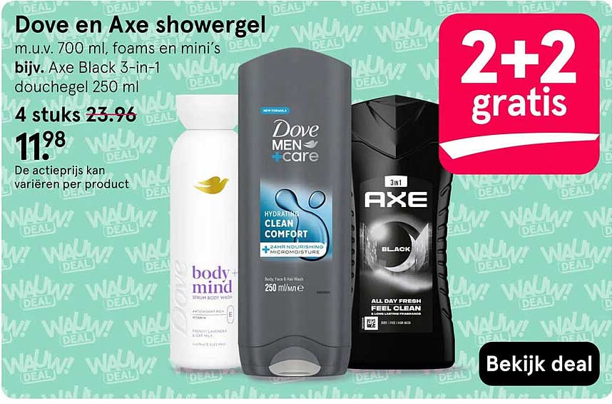 Dove en Axe showergel 2+2 gratis