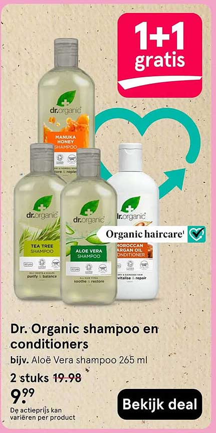 Dr. Organic shampoo en conditioners 1+1 gratis
