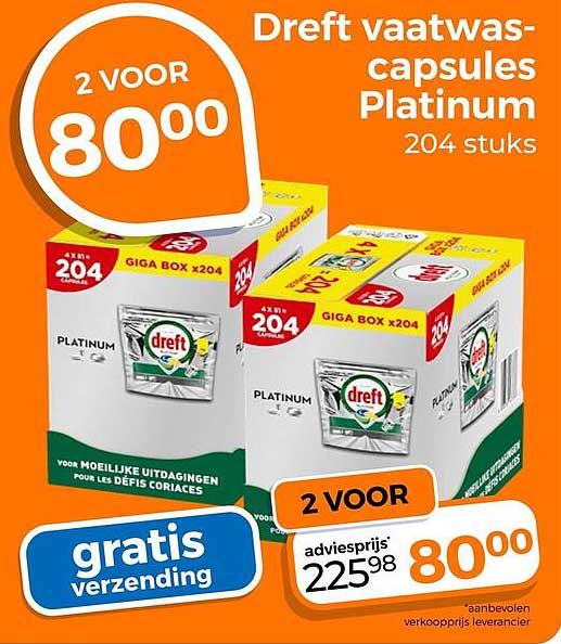 Dreft vaatwas-capsules Platinum 204 stuks 2 voor 80,00 gratis verzending