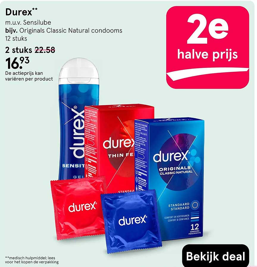 Durex m.u.v. Sensilube, bijv. Originals Classic Natural condoms 12 stuks 2e halve prijs