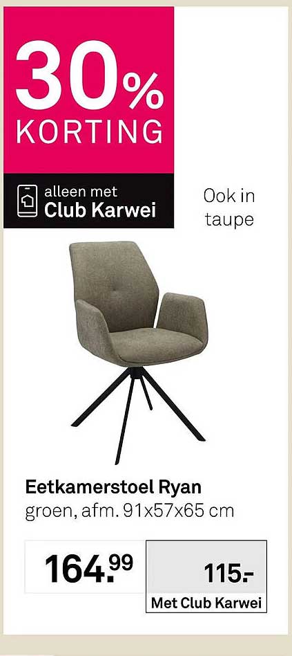 Eetkamerstoel Ryan groen, afm. 91x57x65 cm 30% KORTING alleen met Club Karwei