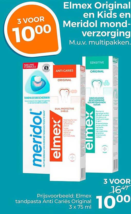 Elmex Original en Kids en Meridol mondverzorging 3 voor 10,00