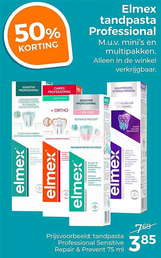 Elmex tandpasta Professional M.u.v. mini’s en multipakken. Alleen in de winkel verkrijgbaar. 50% KORTING