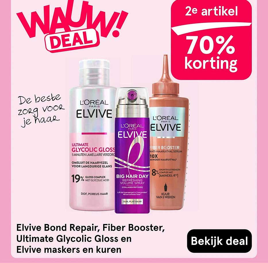 Elvive Bond Repair, Fiber Booster, Ultimate Glycolic Gloss en Elvive maskers en kuren 2e artikel 70% korting
