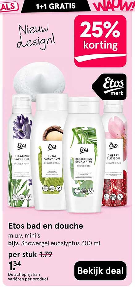 Etos bad en douche m.u.v. mini’s biv. Showergel eucalyptus 300 ml 25% korting
