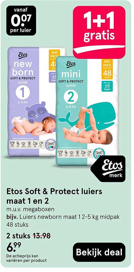 Etos Soft & Protect luiers maat 1 en 2 1+1 gratis