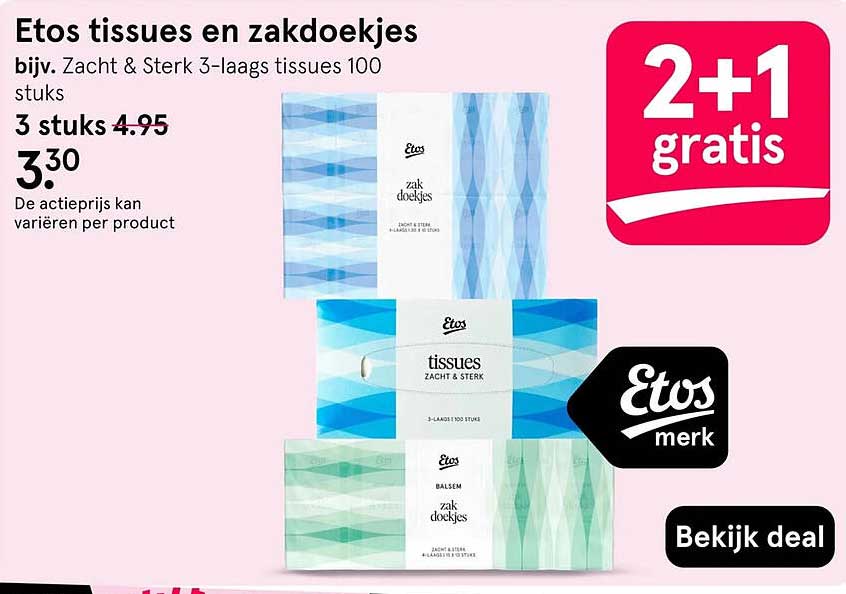 Etos tissues en zakdoekjes 2+1 gratis