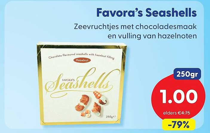 Favora’s Seashells Zeevruchtjes met chocoladesmaak en vulling van hazelnoten 250gr