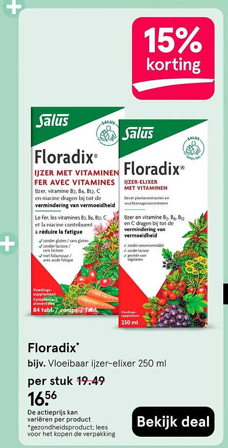 Floradix bijv. Vloeibaar ijzer-elixer 250 ml 15% korting