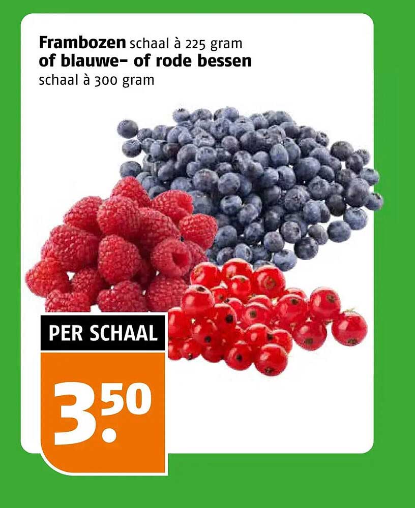 Frambozen schaal à 225 gram of blauwe- of rode bessen schaal à 300 gram
