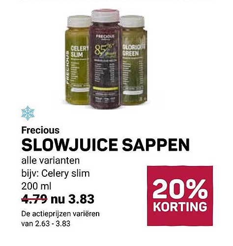 Frecious SLOWJUICE SAPPEN alle varianten bijv: Celery slim 200 ml 20% KORTING