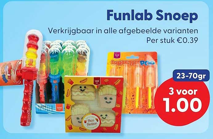 Funlab Snoep 23-70gr 3 voor 1.00