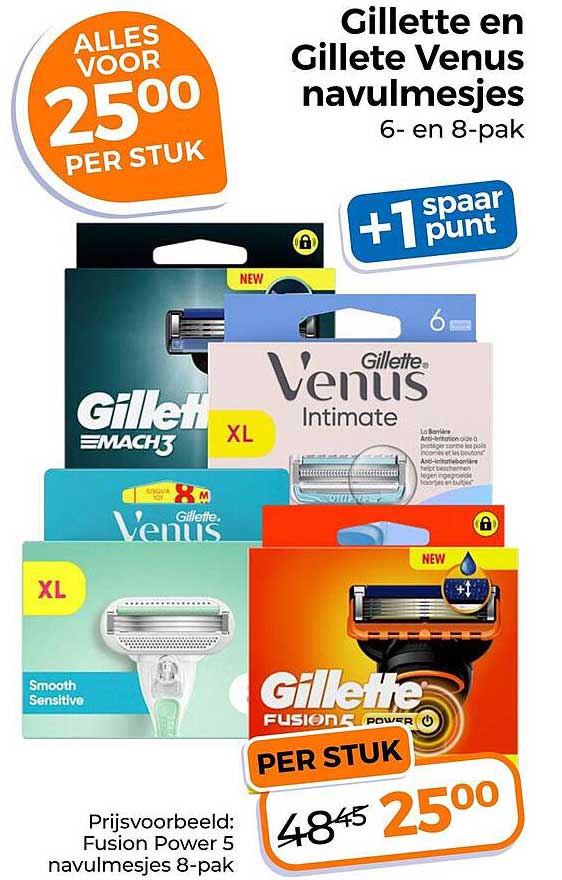 Gillette en Gillette Venus navulmesjes 6- en 8-pak +1 spaar punt