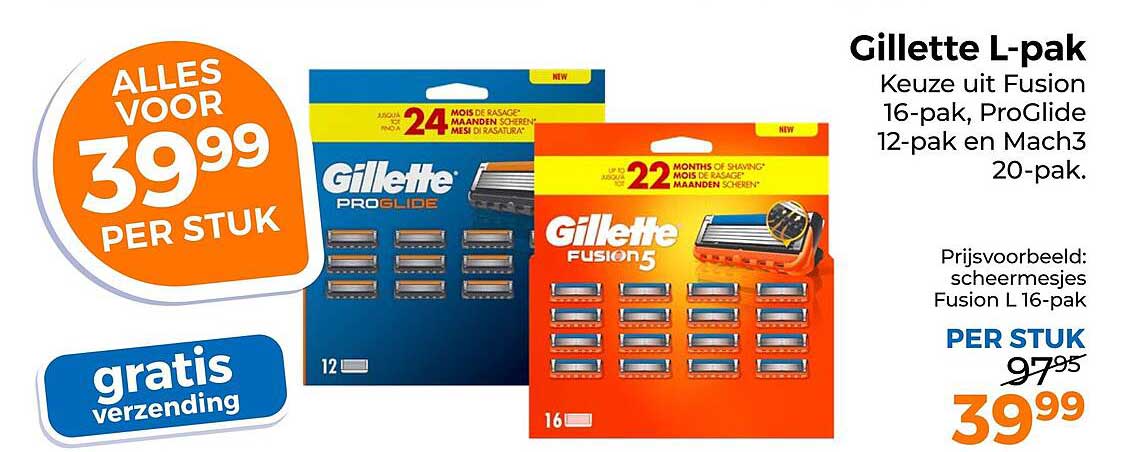 Gillette L-pak Keuze uit Fusion 16-pak, ProGlide 12-pak en Mach3 20-pak.
