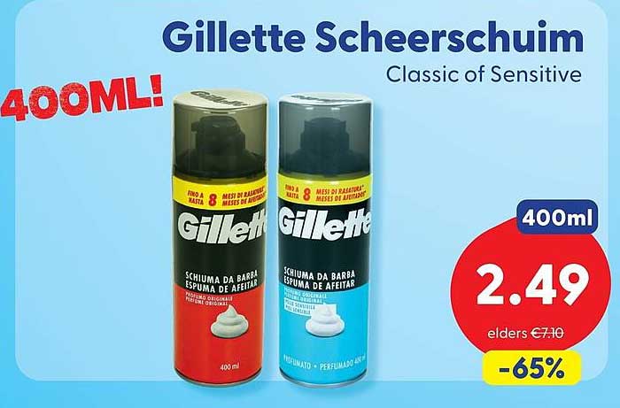 Gillette Scheerschuim Classic of Sensitive 400ml -65%