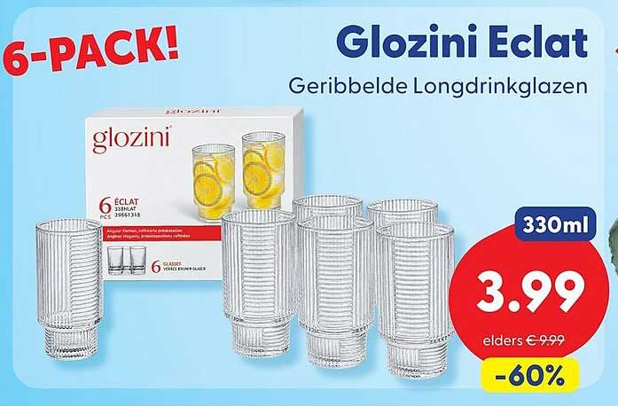 Glozini Eclat Geribbelde Longdrinkglazen 6-PACK!
