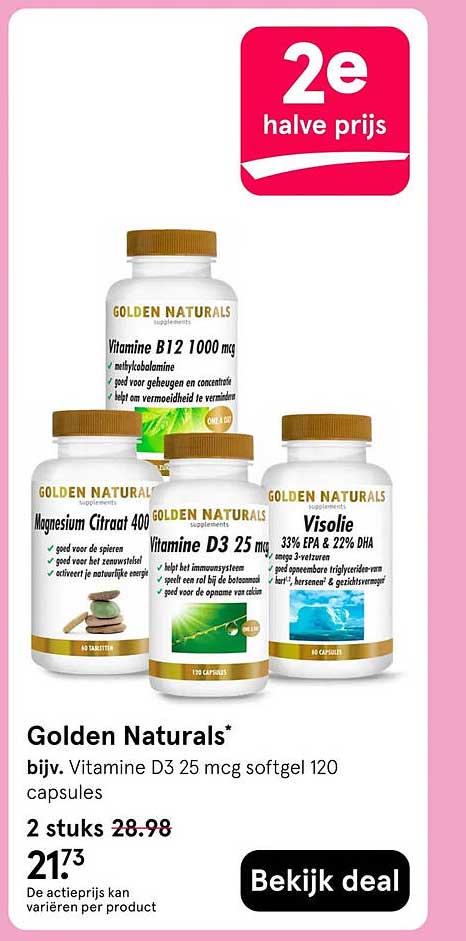 Golden Naturals* bijv. Vitamine D3 25 mcg softgel 120 capsules 2e halve prijs