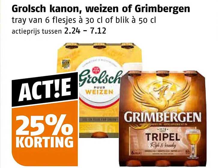 Grolsch kanon, weizen of Grimbergen tray van 6 flesjes à 30 cl of blik à 50 cl 25% KORTING