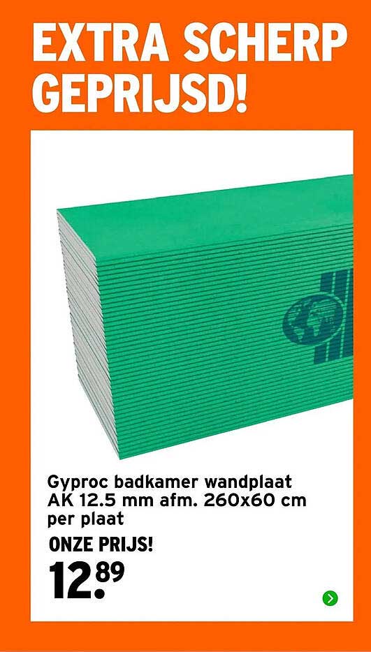 Gyproc badkamer wandplaat AK 12.5 mm afm. 260x60 cm per plaat