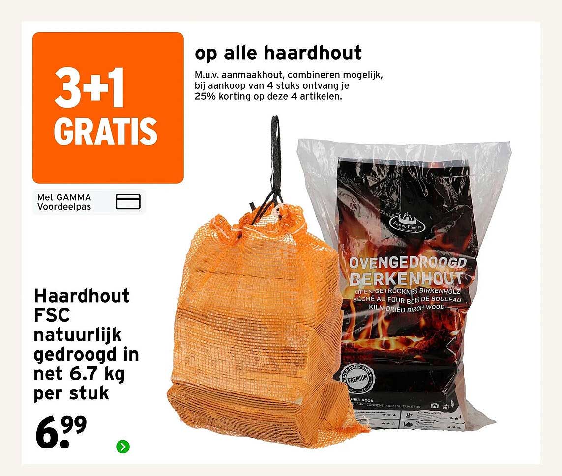 Haardhout FSC natuurlijk gedroogd in net 6.7 kg per stuk 3+1 GRATIS