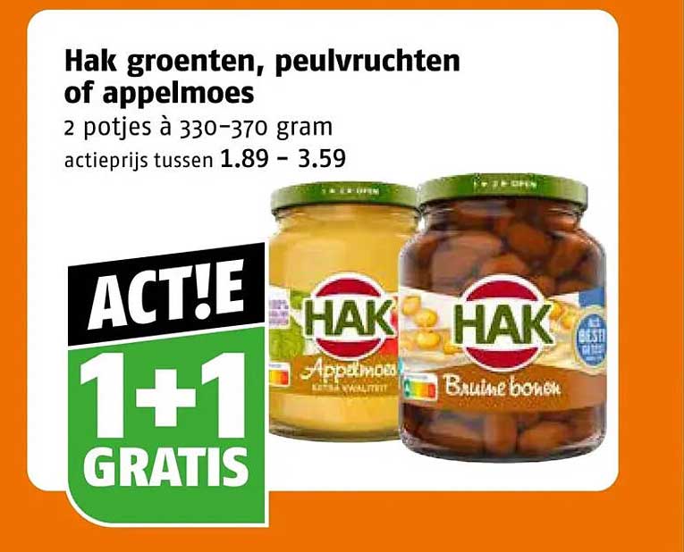 Hak groenten, peulvruchten of appelmoes 1+1 gratis