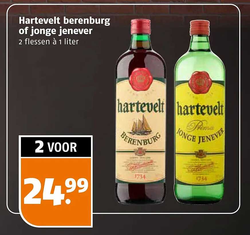 Hartevelt berenburg of jonge jenever 2 flessen à 1 liter