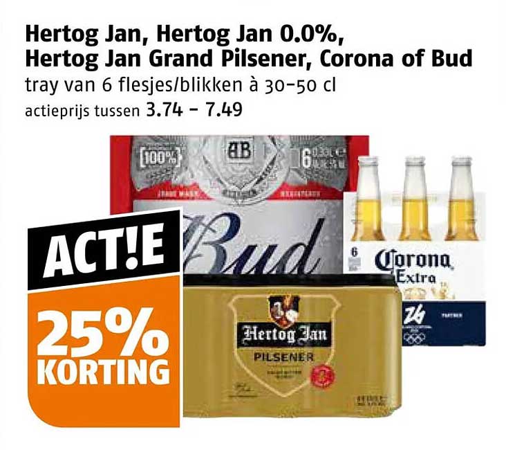 Hertog Jan, Hertog Jan 0.0%, Hertog Jan Grand Pilsener, Corona of Bud tray van 6 flesjes/blikken à 30–50 cl 25% KORTING