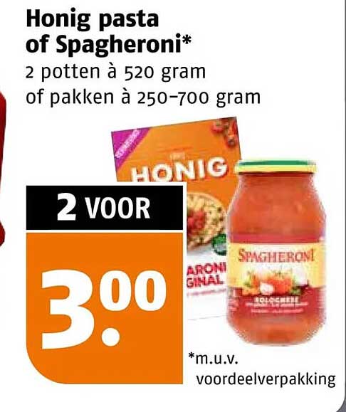 Honig pasta of Spagheroni* 2 potten à 520 gram of pakken à 250-700 gram
