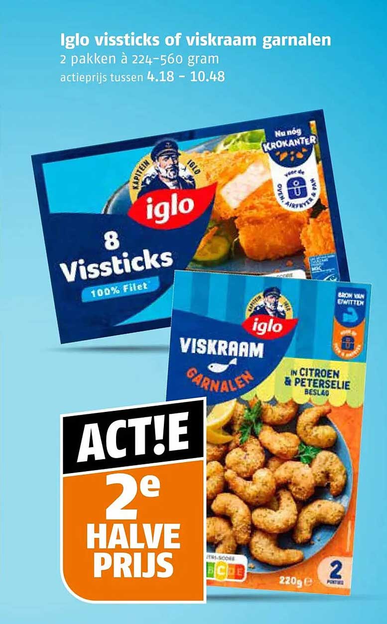 Iglo vissticks of viskraam garnalen 2 pakken à 224-560 gram ACTIE! 2e halve prijs