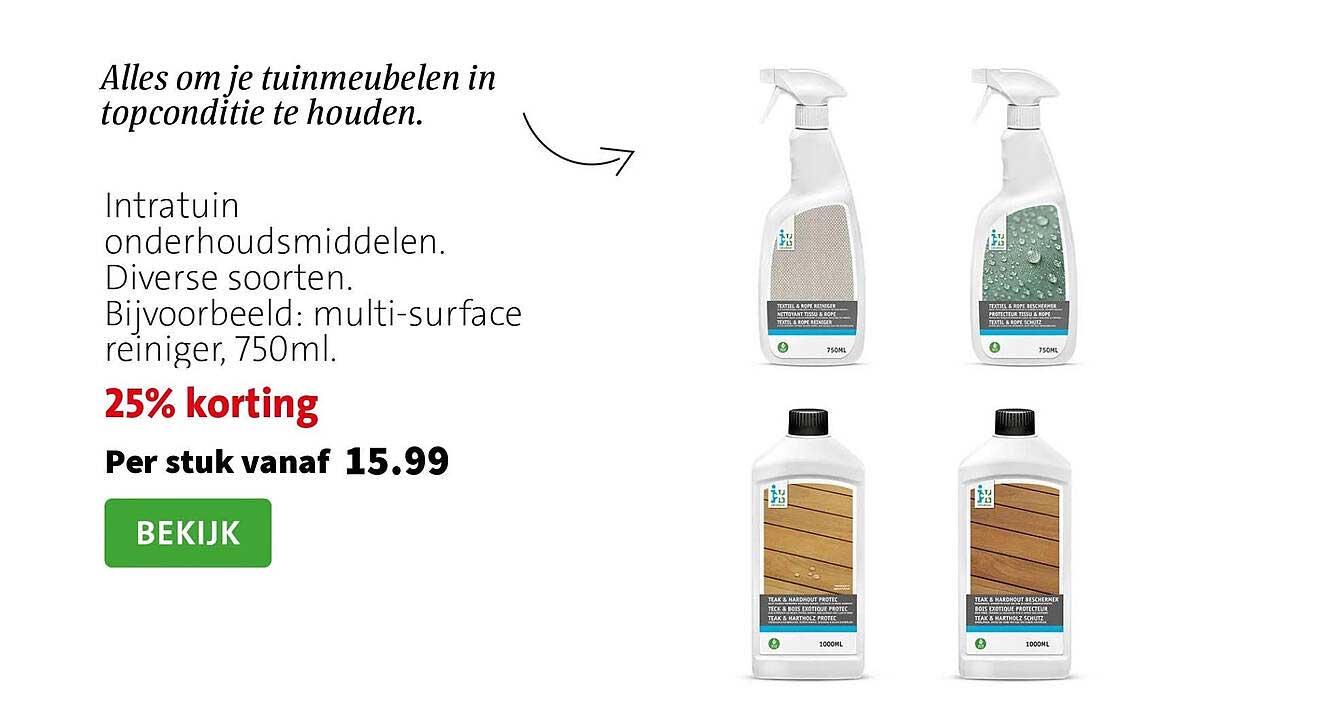 Intratuin onderhoudsmiddelen. Diverse soorten. Bijvoorbeeld: multi-surface reiniger, 750ml. 25% korting